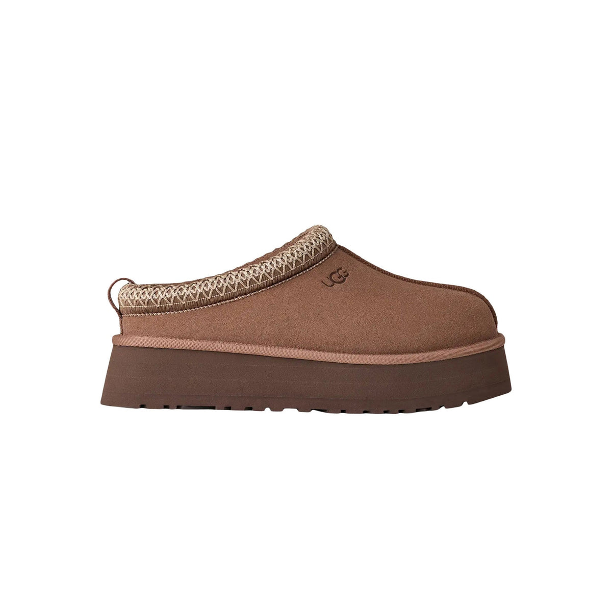 UGG Tazz Rocky Oak chaussons à plateforme femme en daim et peau de mouton marron chêne, vue de profil