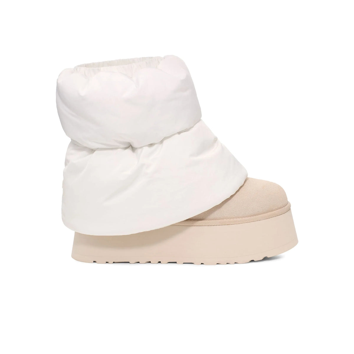 UGG Mini Dipper Puffer Neutral bottines fourrées femme en nylon matelassé et peau de mouton naturelle beige, vue de profil
