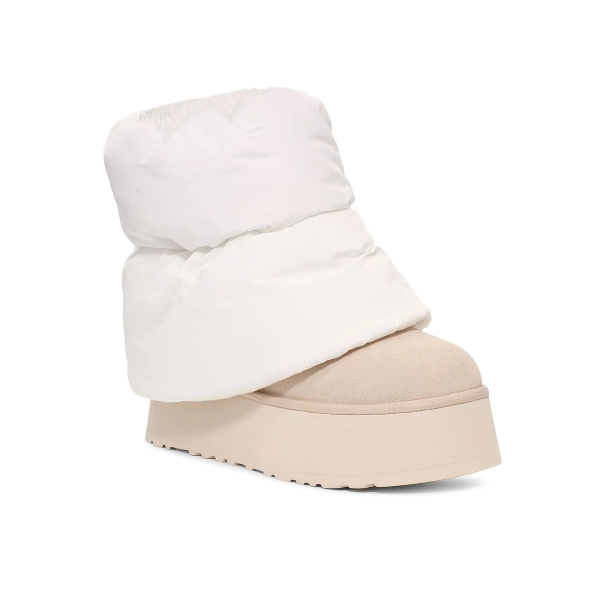 UGG Mini Dipper Puffer Neutral bottines fourrées femme en nylon matelassé et peau de mouton naturelle beige, vue de face