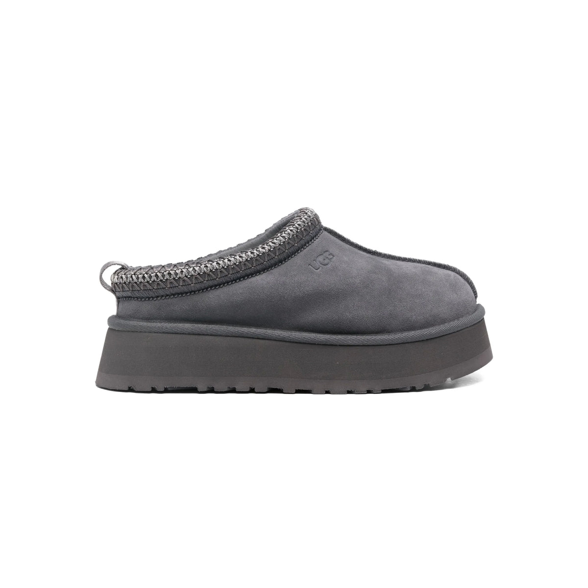 UGG Tazz Obsidian chaussons à plateforme femme en daim et peau de mouton bleu nuit, vue de profil