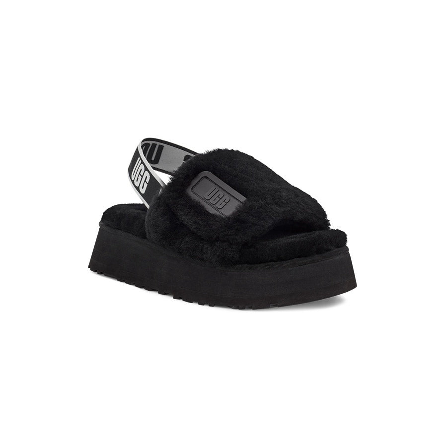 UGG Disco Slide Black claquettes fourrées femme en peau de mouton naturelle noir, vue de face