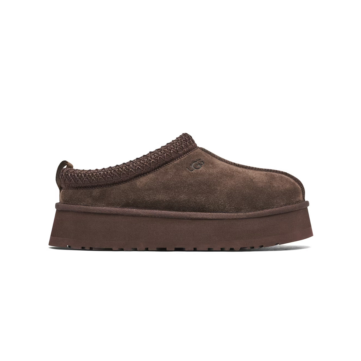 UGG Tazz Cacao chaussons à plateforme femme en daim et peau de mouton cacao, vue de profil