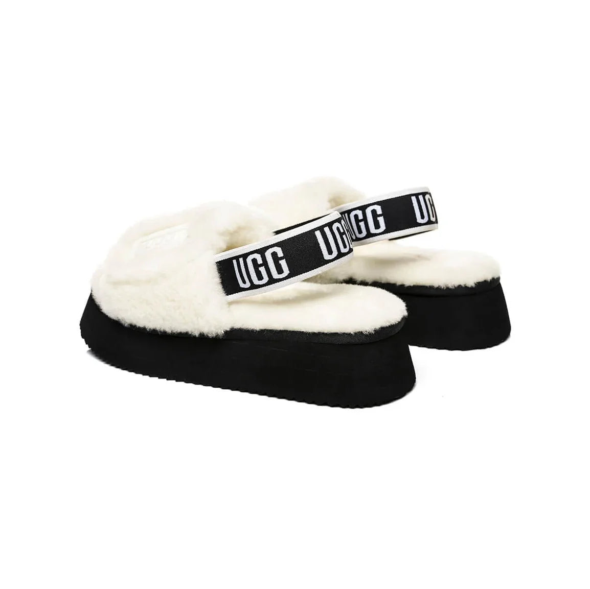 UGG Disco Slide White Black claquettes fourrées femme en peau de mouton naturelle blanc et noir, détail semelle