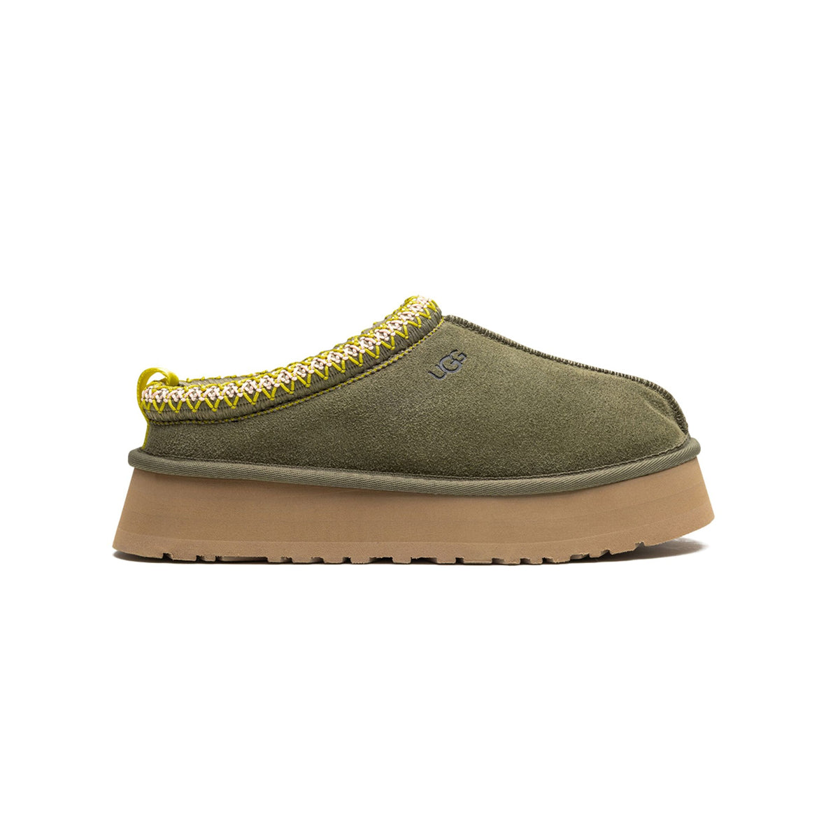 UGG Tazz Olive Green chaussons à plateforme femme en daim et peau de mouton vert olive, vue de profil