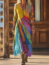 Robe maxi femme en tissu texturé – coupe A-line col V décontractée