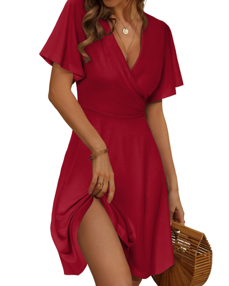 Robe Midi Femme en tissu léger, col V, coupe fluide – Menvelo