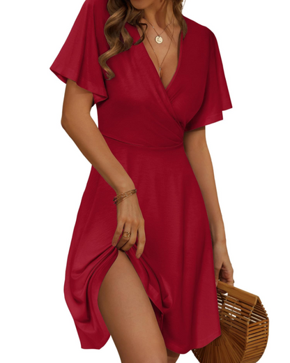 Robe Midi Femme en tissu léger, col V, coupe fluide – Menvelo