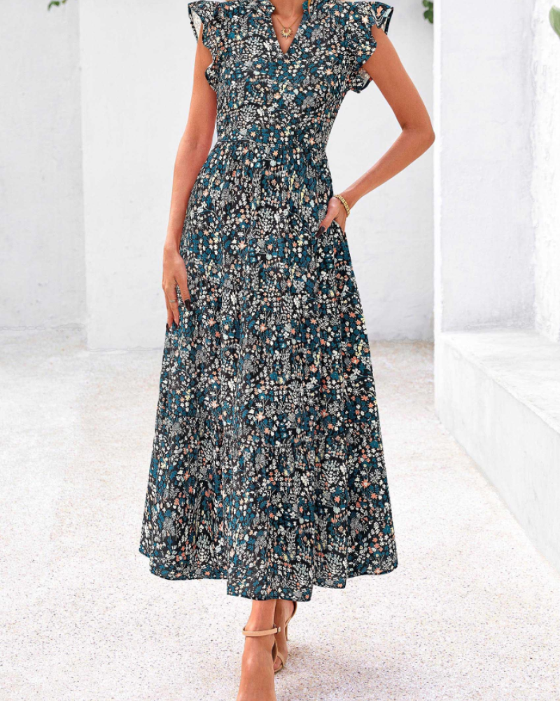 Robe Midi Femme en tissu léger, col V, coupe fluide – Menvelo