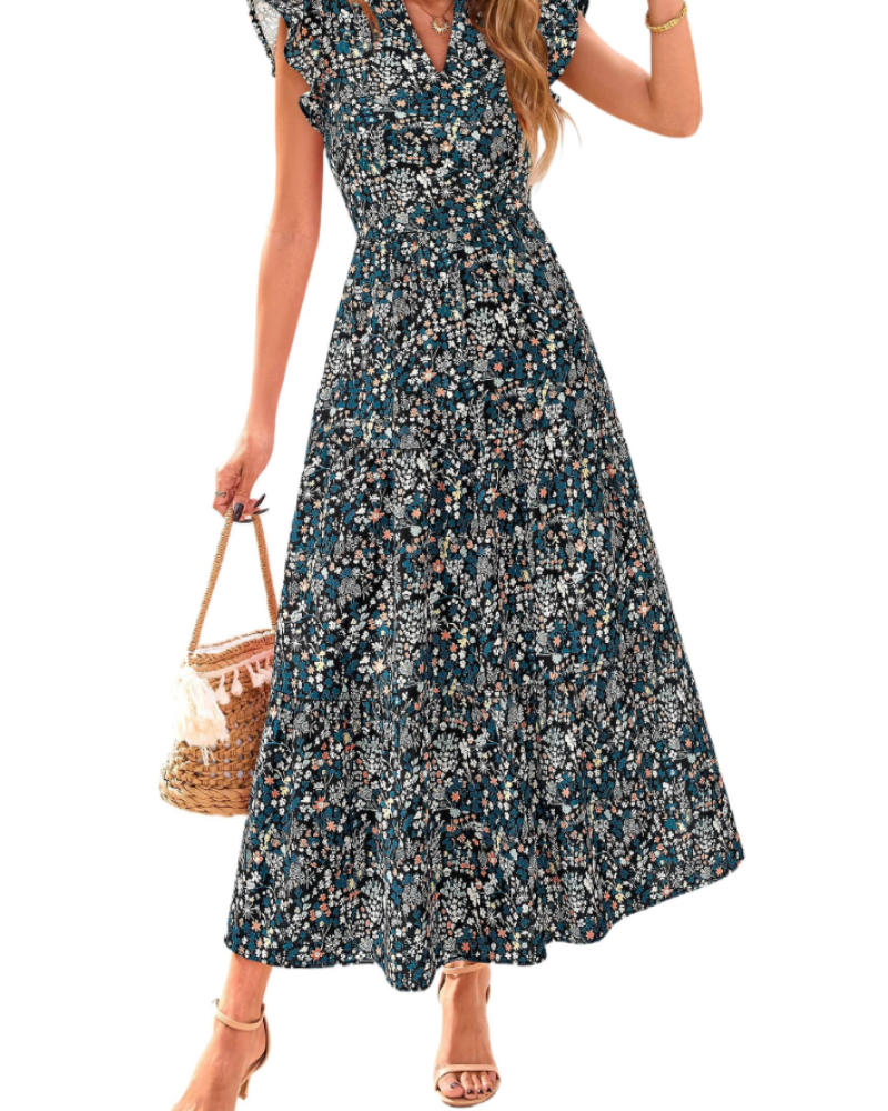 Robe Midi Femme en tissu léger, col V, coupe fluide – Menvelo
