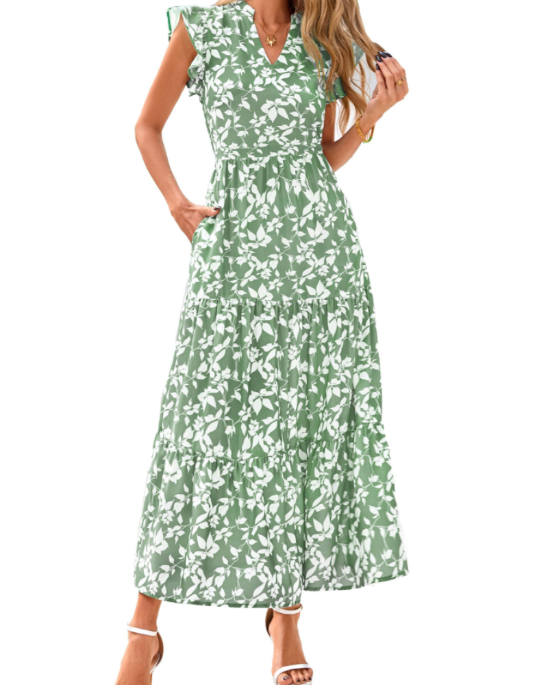 Robe Midi Femme en tissu léger, col V, coupe fluide – Menvelo