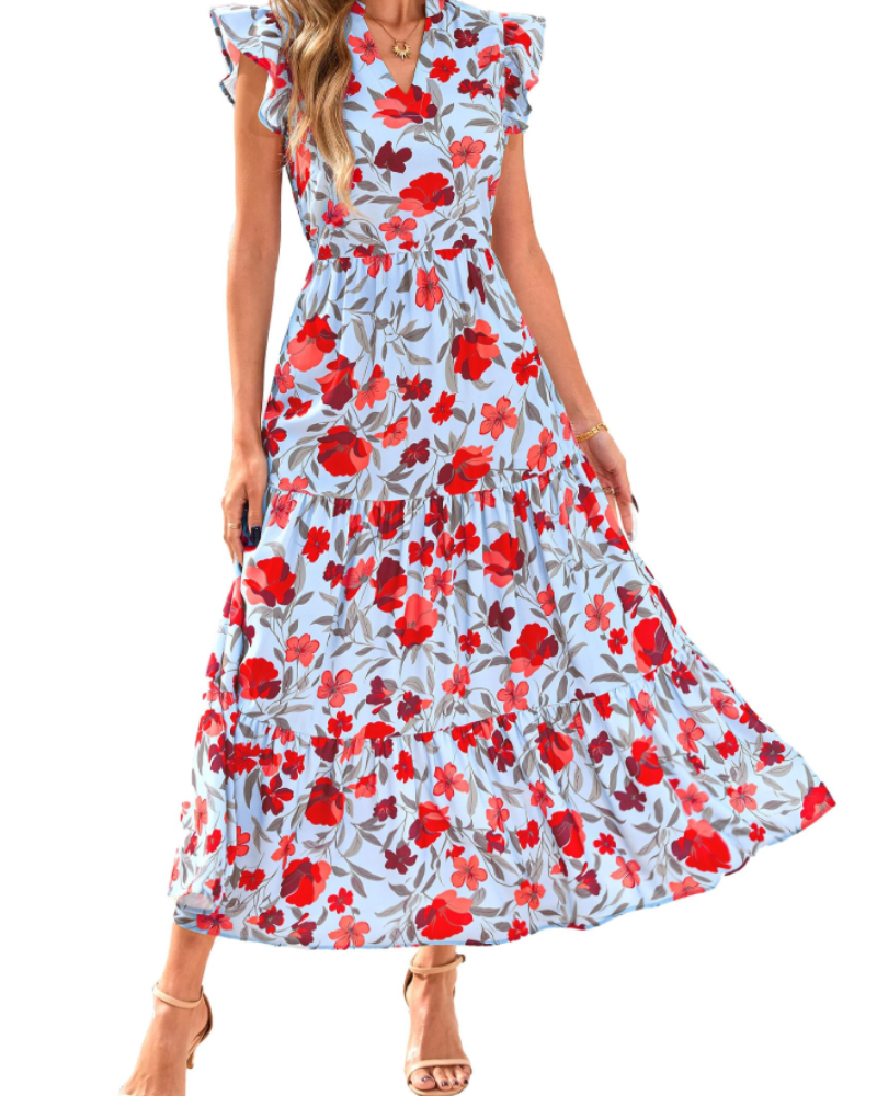 Robe Midi Femme en tissu léger, col V, coupe fluide – Menvelo