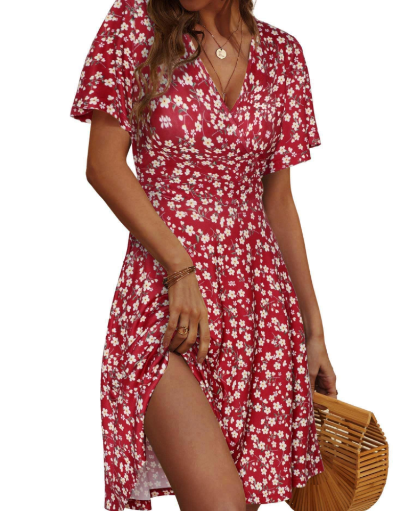 Robe Midi Femme en tissu léger, col V, coupe fluide – Menvelo