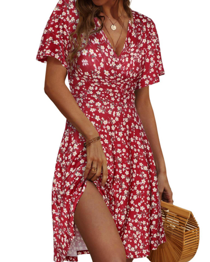 Robe Midi Femme en tissu léger, col V, coupe fluide – Menvelo