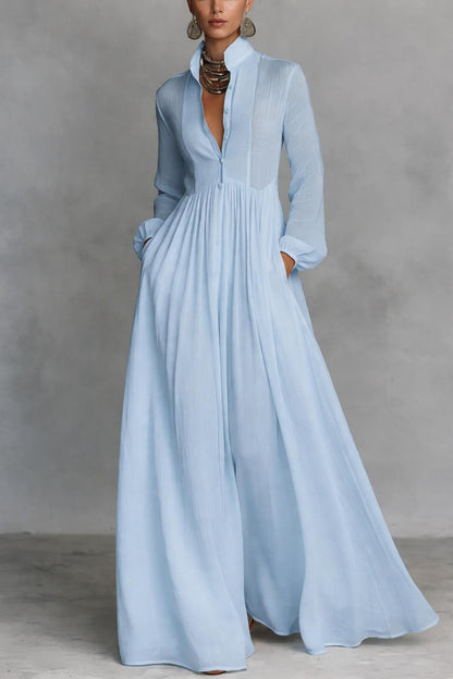 Robe Longue Femme Plissée – Légère Manches Longues Coupe A-Line Ourlet Évasé