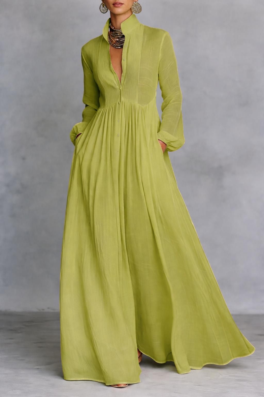 Robe Longue Femme Plissée – Légère Manches Longues Coupe A-Line Ourlet Évasé