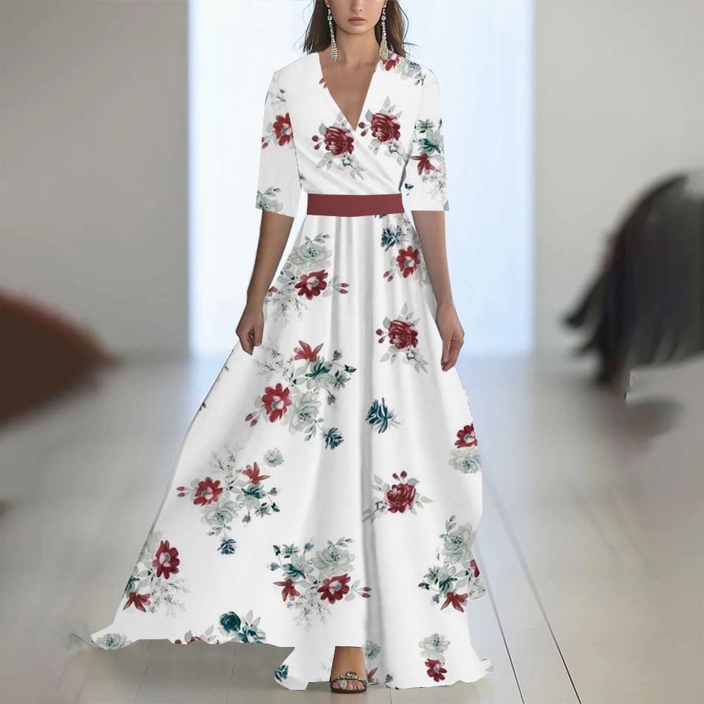 Robe Maxi Fleurie Femme – Col V Taille Ajustée
