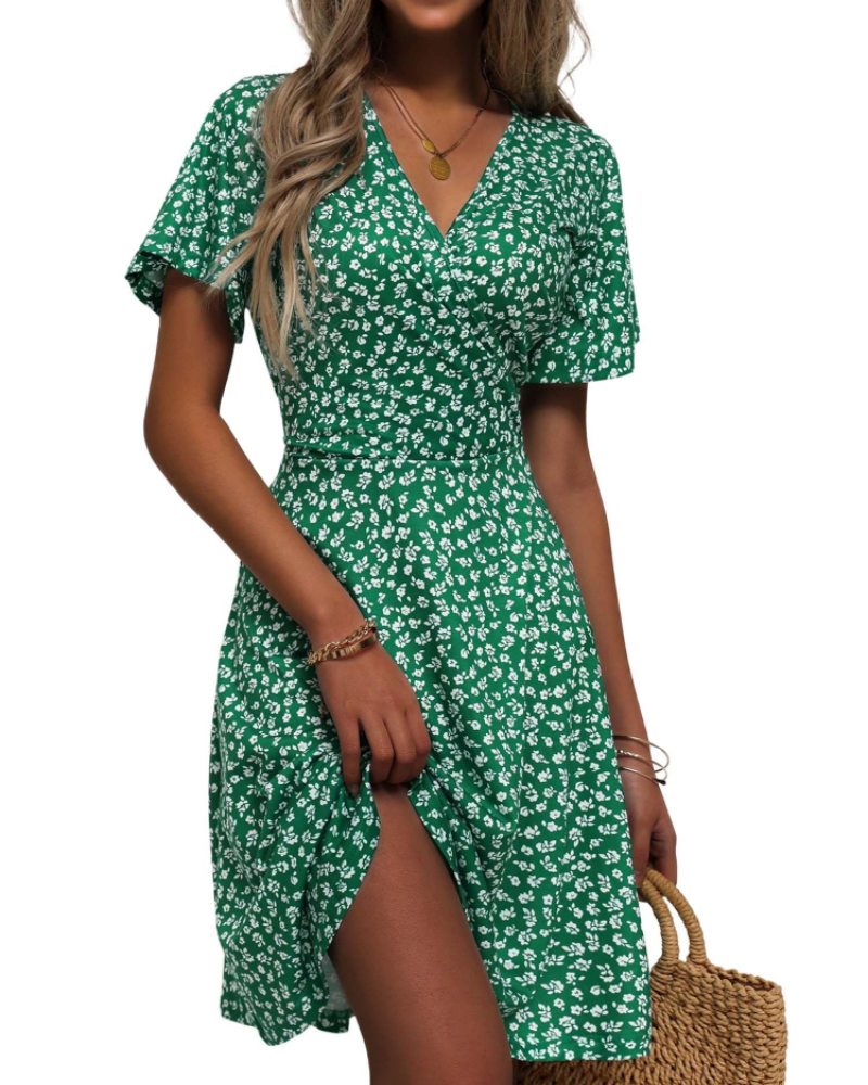 Robe Midi Femme en tissu léger, col V, coupe fluide – Menvelo