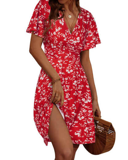 Robe Midi Femme en tissu léger, col V, coupe fluide – Menvelo