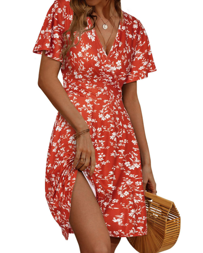 Robe Midi Femme en tissu léger, col V, coupe fluide – Menvelo