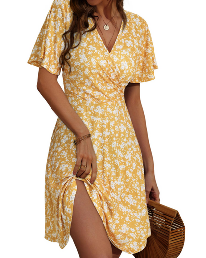 Robe Midi Femme en tissu léger, col V, coupe fluide – Menvelo