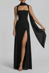 Robe Maxi Femme Noire Col Halter – Fente Haute Jupe Plissée