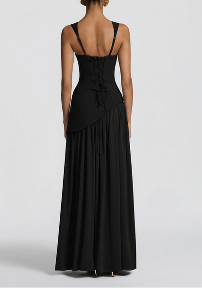 Robe Maxi Femme Noire Col Halter – Fente Haute Jupe Plissée