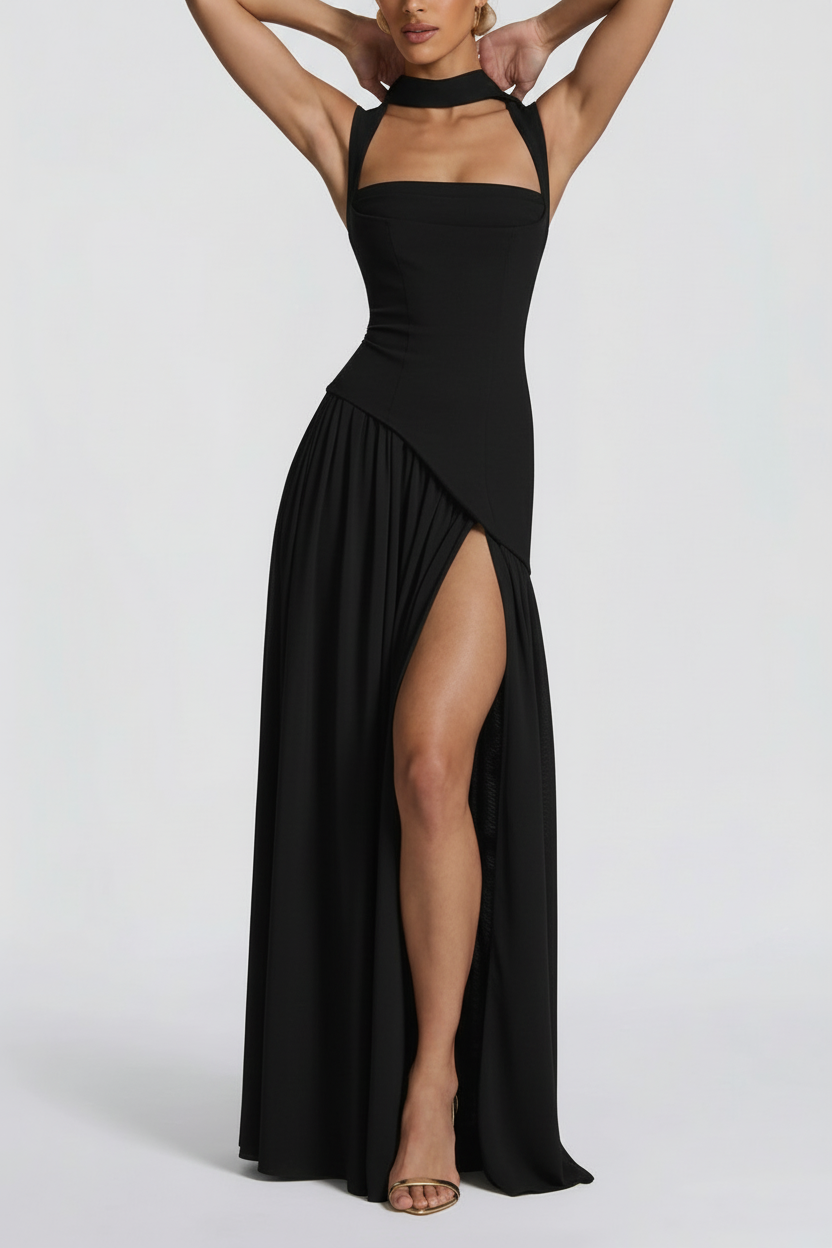 Robe Maxi Femme Noire Col Halter – Fente Haute Jupe Plissée