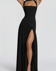Robe Maxi Femme Noire Col Halter – Fente Haute Jupe Plissée