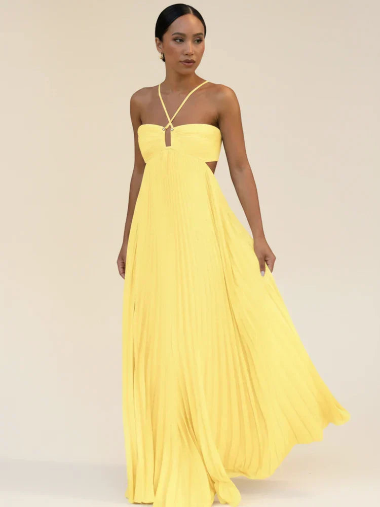 Robe Longue Femme à Dos Nu et Col Licou Plissée – Silhouette Fluide Sol
