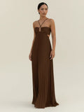 Robe Longue Femme à Dos Nu et Col Licou Plissée – Silhouette Fluide Sol