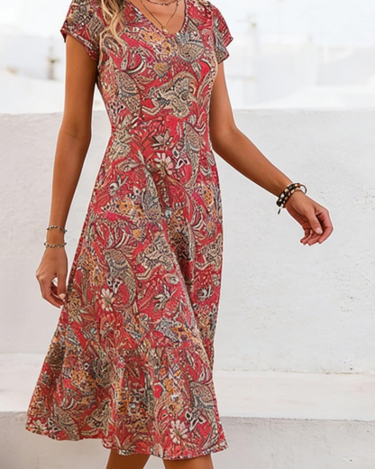 Robe Midi Femme en tissu léger, col V, coupe fluide – Menvelo