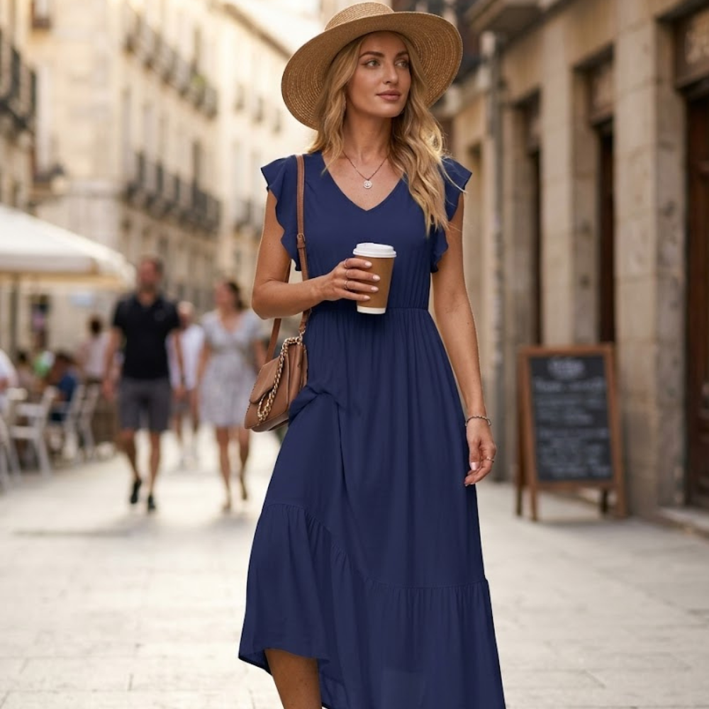 Robe Midi Femme en tissu léger, col V, coupe fluide – Menvelo
