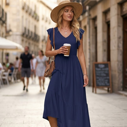 Robe Midi Femme en tissu léger, col V, coupe fluide – Menvelo