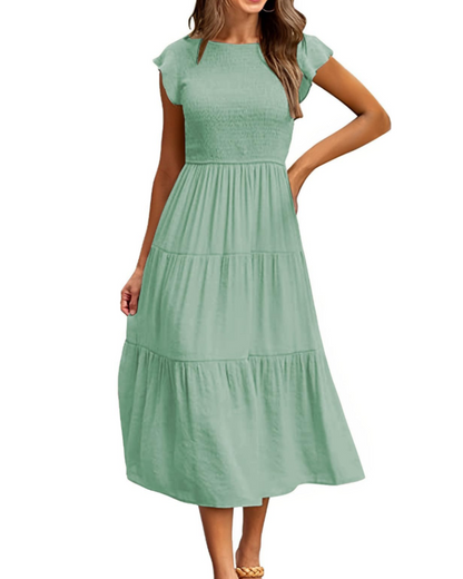 Robe Midi Femme en stretch, à volants, coupe fluide – Menvelo