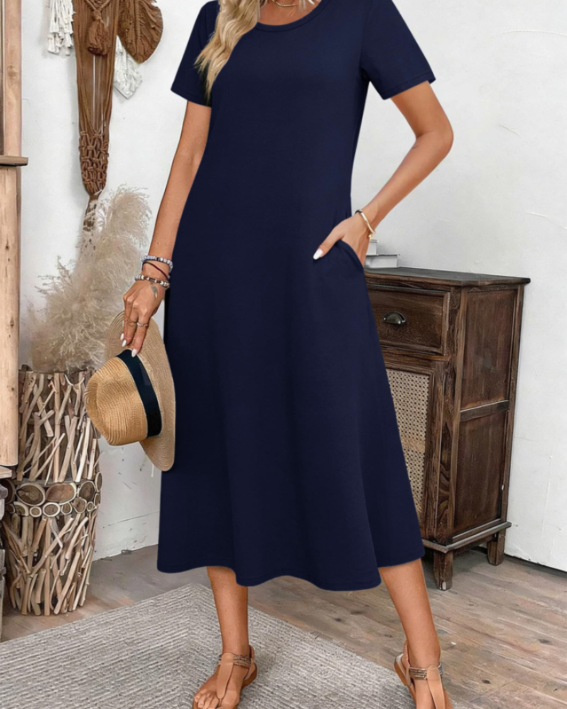 Robe Midi Femme en tissu léger, col rond, coupe ample – Menvelo