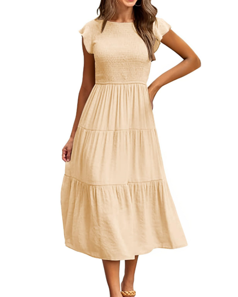Robe Midi Femme en stretch, à volants, coupe fluide – Menvelo