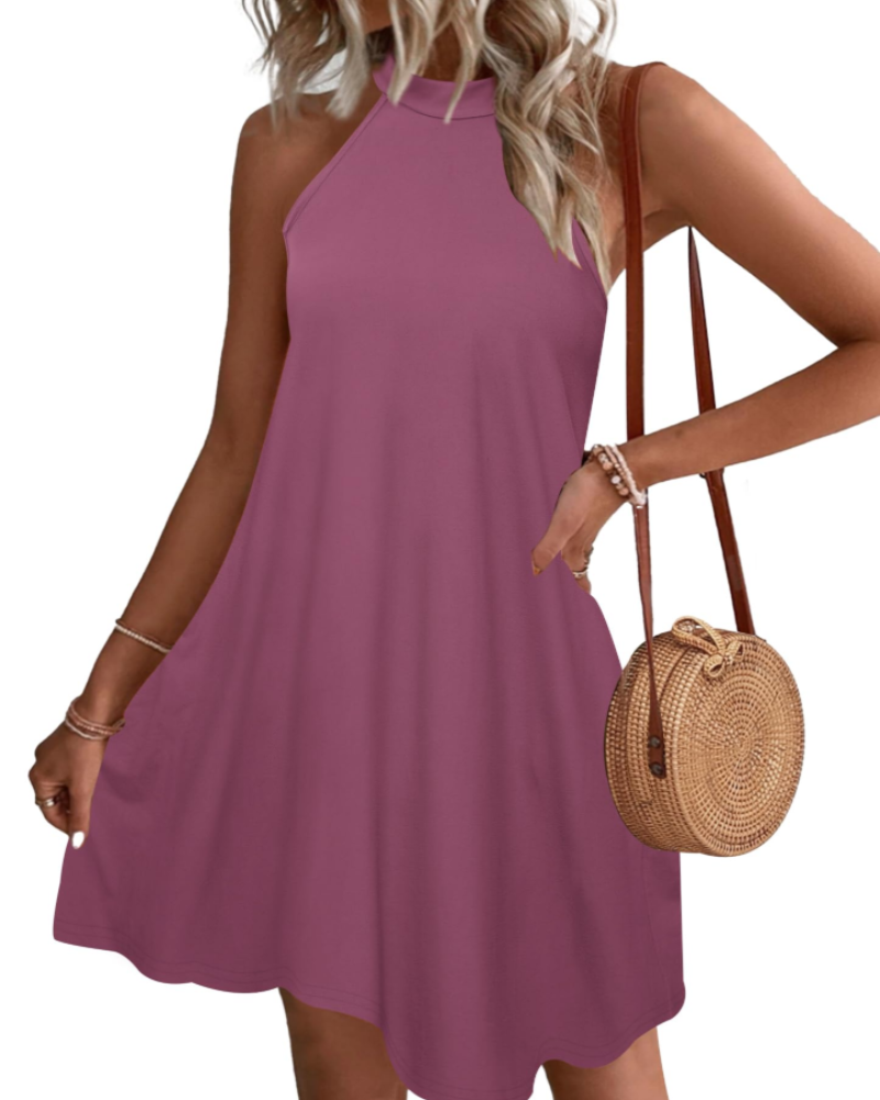 Mian Robe Été Femme – Dos Nu Halter Mini Tunique avec Poches