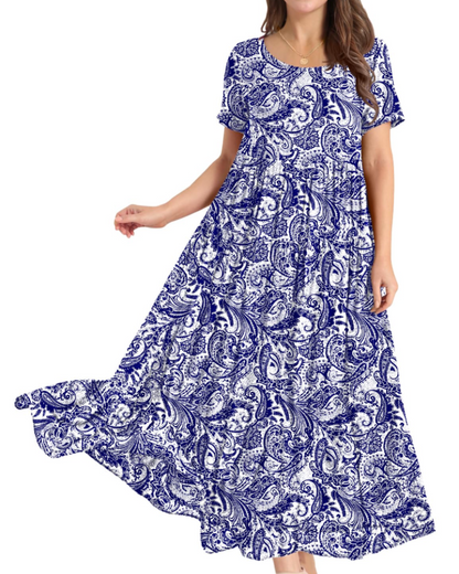 Rina Robe Maxi Femme – Robe Bohème Fleurie Coton Col Rond & Poches Été