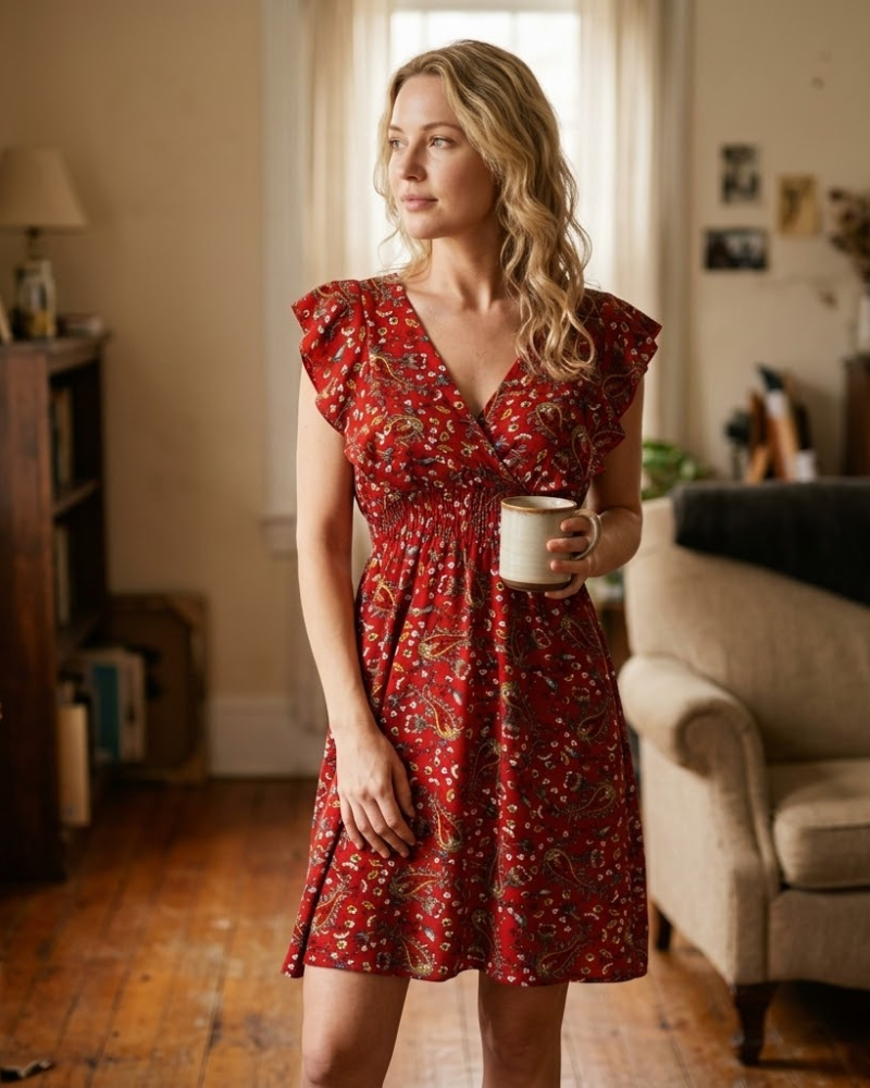 Chloé Robe Mini Femme – Robe Mousseline Fleurie Col V Volants Sans Manches