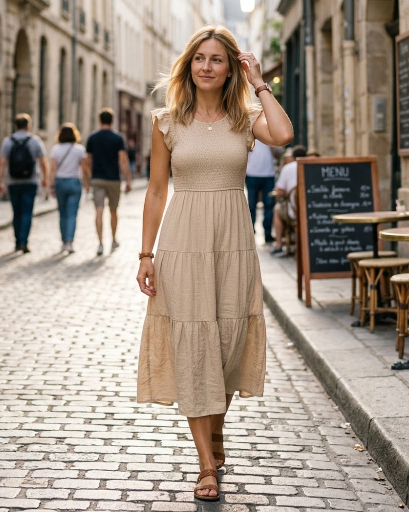 Robe Midi Femme en stretch, col V, coupe fluide – Menvelo