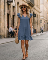 Menvelo Robe Midi Femme Maille Col V Coupe Fluide À Volants