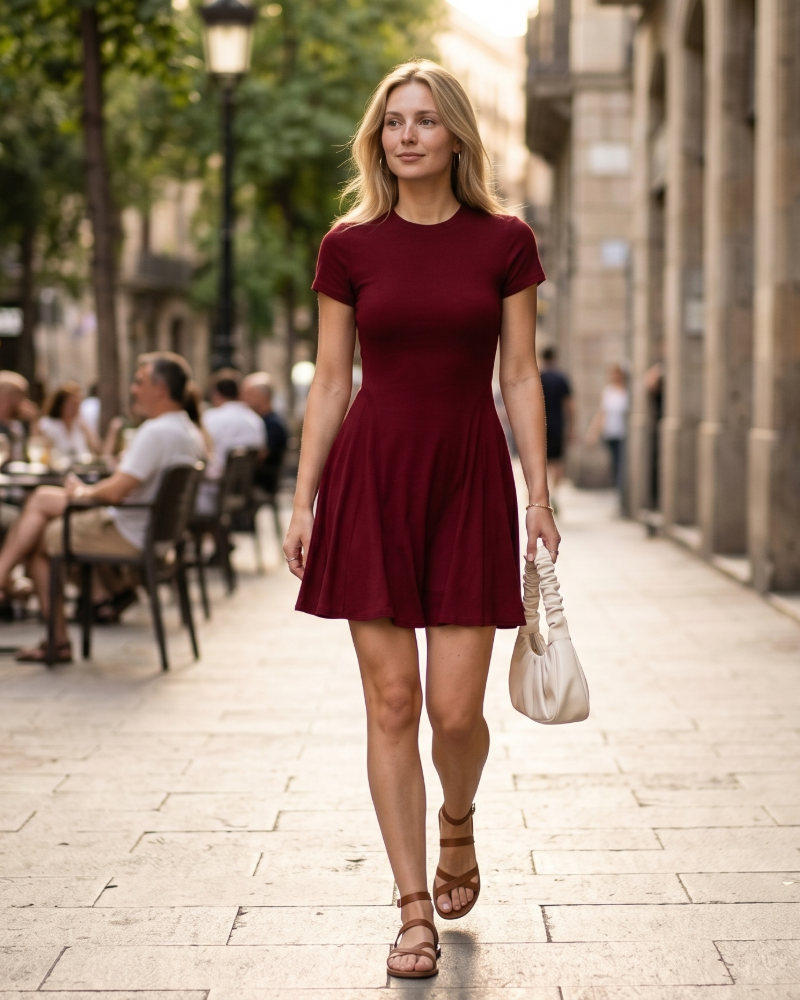 Robe Mini Femme en tissu léger, col rond, coupe fluide – Menvelo