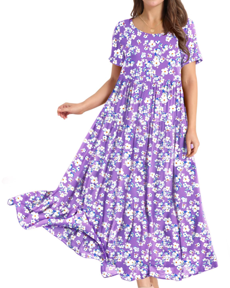 Rina Robe Maxi Femme – Robe Bohème Fleurie Coton Col Rond & Poches Été