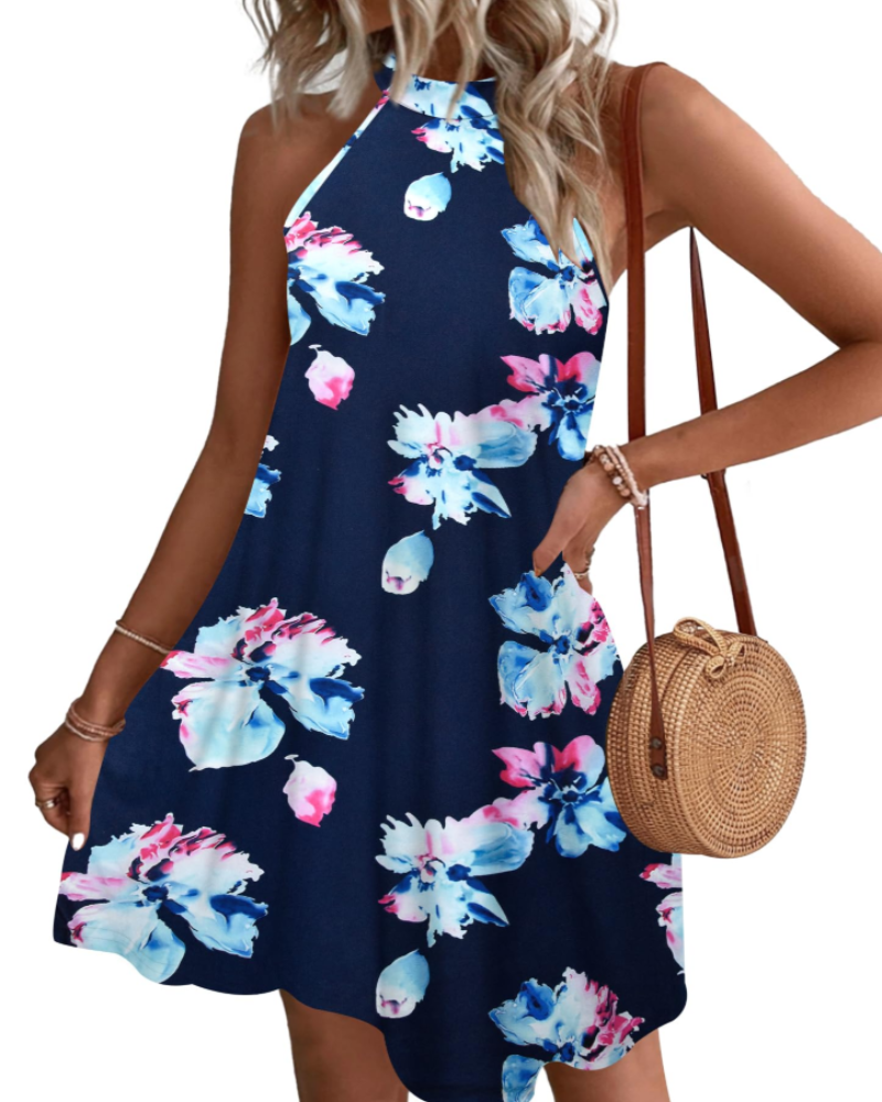 Mian Robe Été Femme – Dos Nu Halter Mini Tunique avec Poches