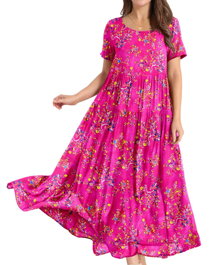 Rina Robe Maxi Femme – Robe Bohème Fleurie Coton Col Rond & Poches Été