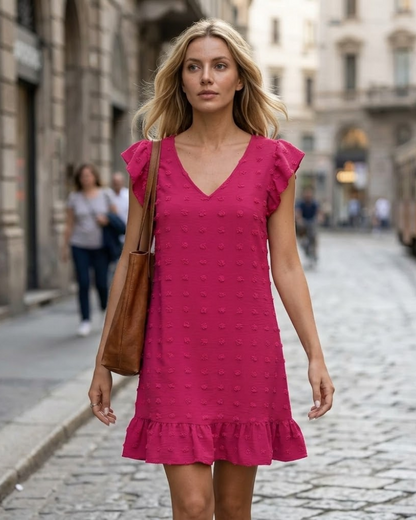 Chloé Robe Femme – Robe Midi Col V Manches Courtes Volants Coupe A-Line Été