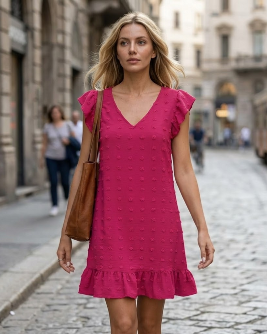 Chloé Robe Femme – Robe Midi Col V Manches Courtes Volants Coupe A-Line Été