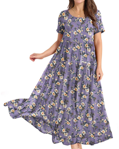 Rina Robe Maxi Femme – Robe Bohème Fleurie Coton Col Rond & Poches Été