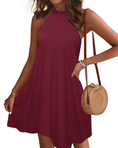 Mian Robe Été Femme – Dos Nu Halter Mini Tunique avec Poches