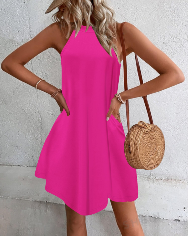 Mian Robe Été Femme – Dos Nu Halter Mini Tunique avec Poches